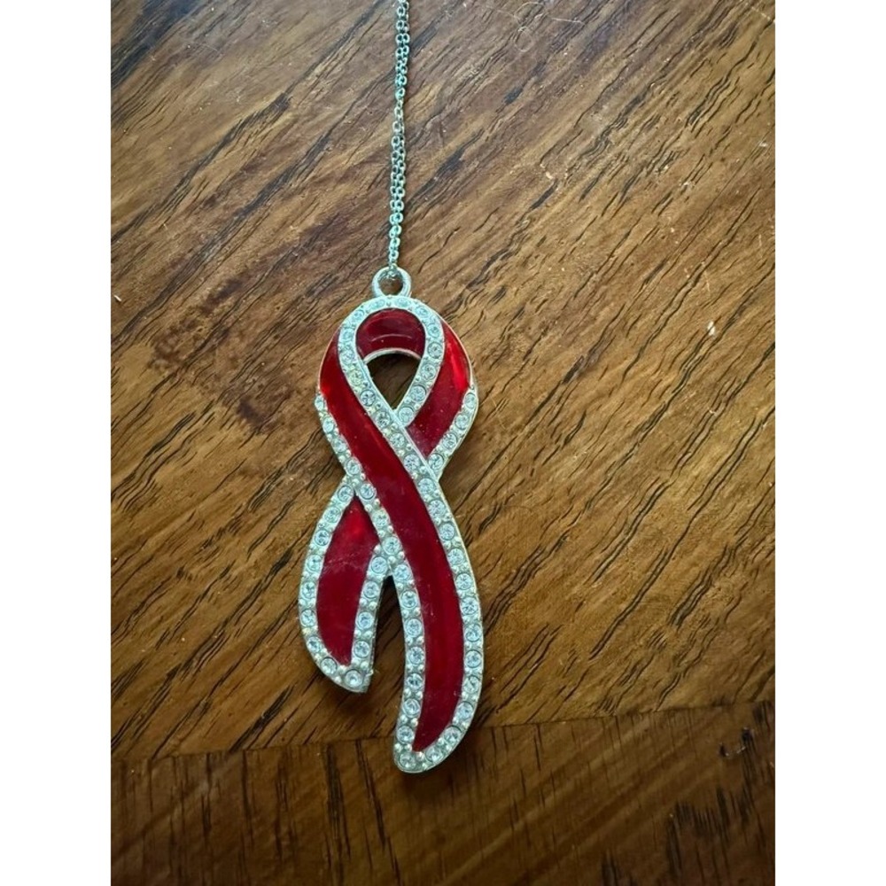 Red Awareness Ribbon Rhinestone Pendant Necklace